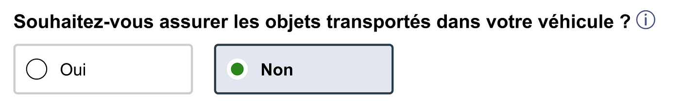 Souhaitez-vous assurer les objets transportés dans votre véhicule – suivi d'une icône i pour information.
