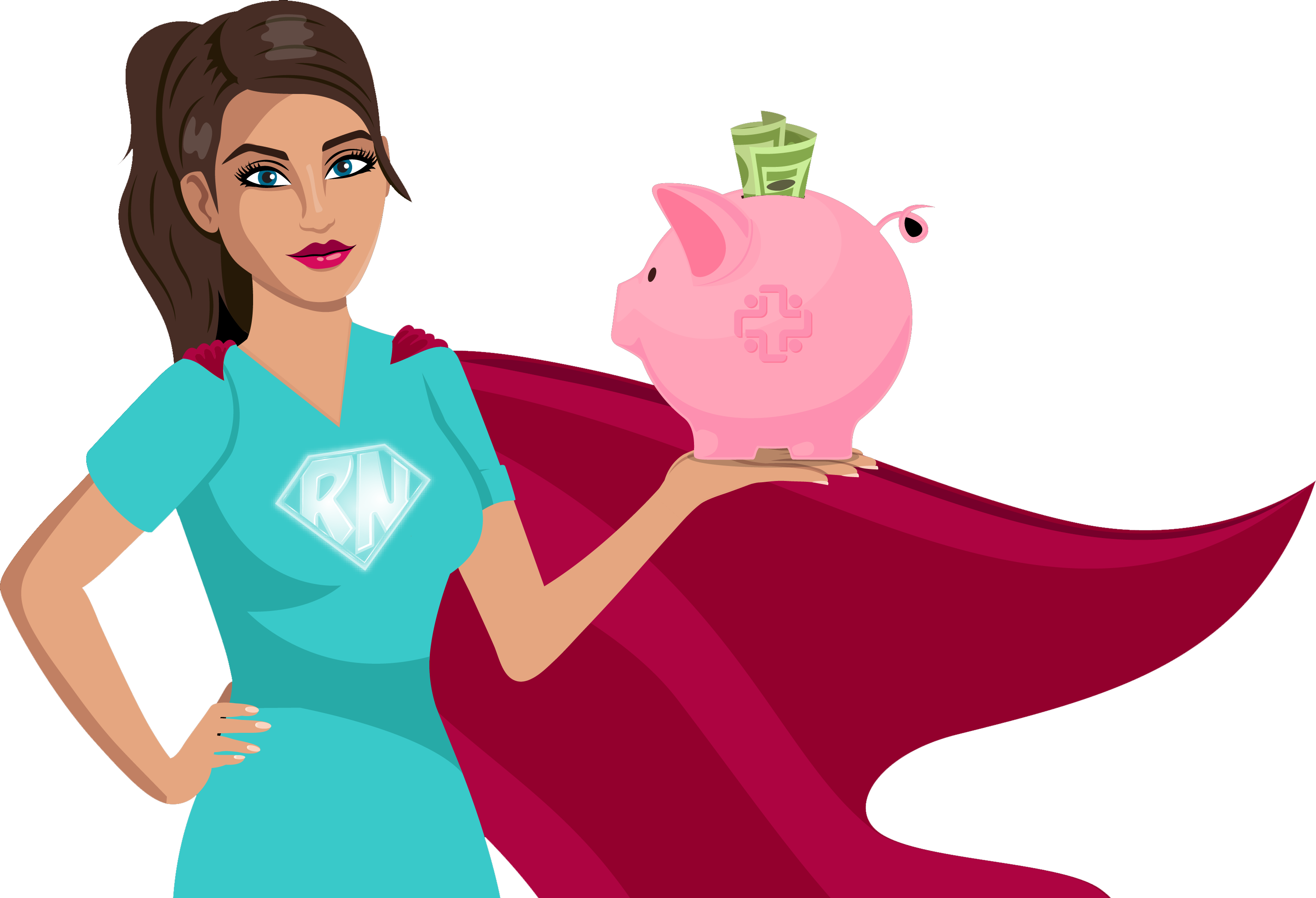 A super nurse holding a piggy bank