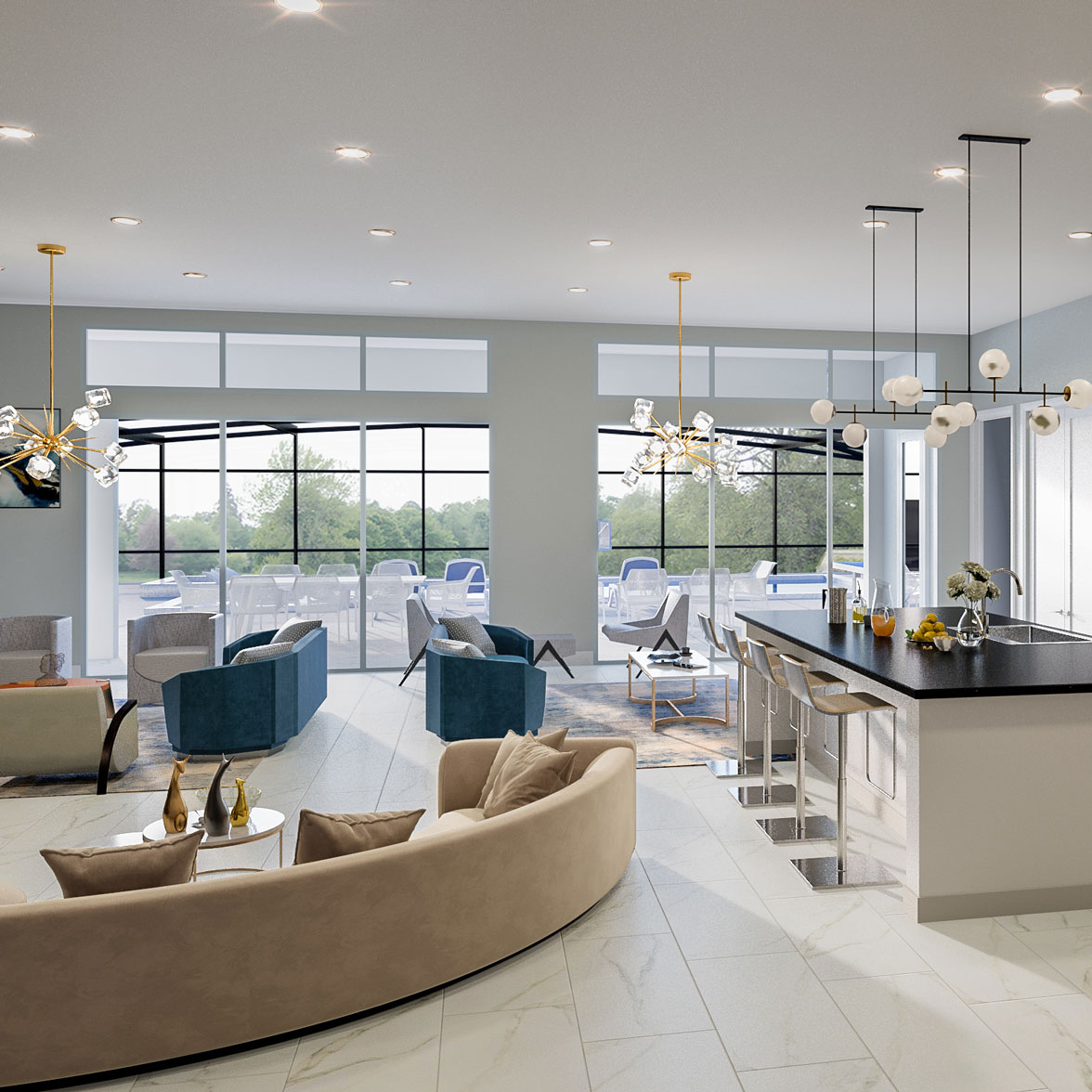 Photo of a Villatel home kitchen interior featuring a curved couch, various chairs, kitchen island and large, window wall.
