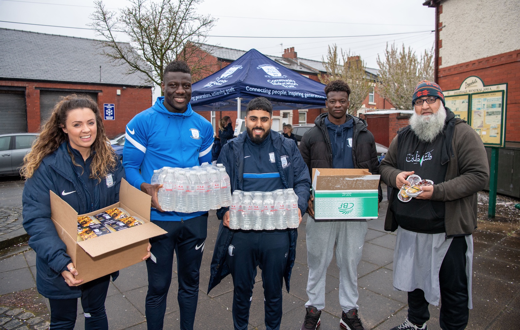 Rebecca Robertson, PNECET Head of Community Engagement; Bambo Diaby; Mohammed Patel, Community Engagement Officer; Omar Damba, a friend of Bambo’s; and Omar Khan, Preston United Youth Development Programme)