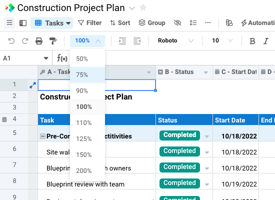 Spreadsheet.com Product Updates: Zoom level in Sheet and Gantt views spreadsheet-com-product-updates-zoom-level-in-sheet-and-gantt-views