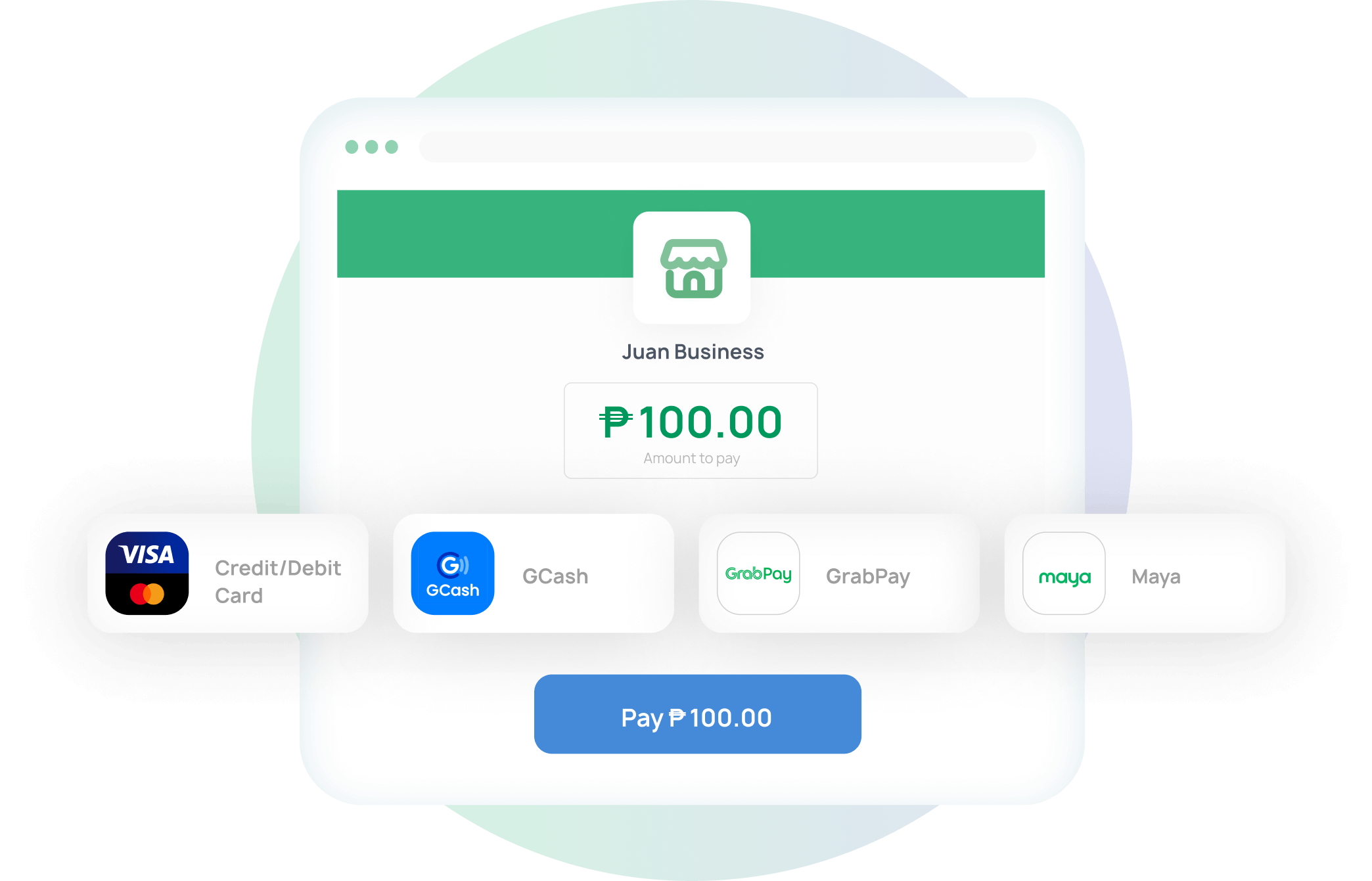Browser mockup of paymongo checkout page with logo of payment methods such as card or debit card, gcash, grabpay and maya.