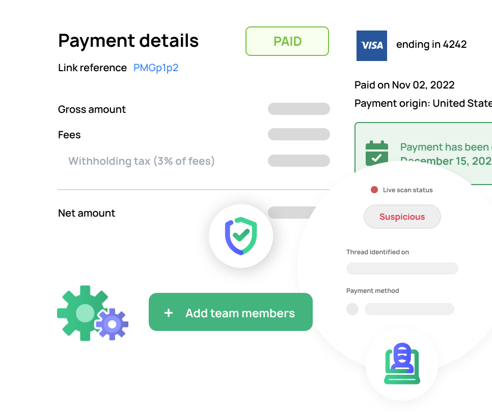 A screen of Payment details surrounded by gear, shield and fraud icons