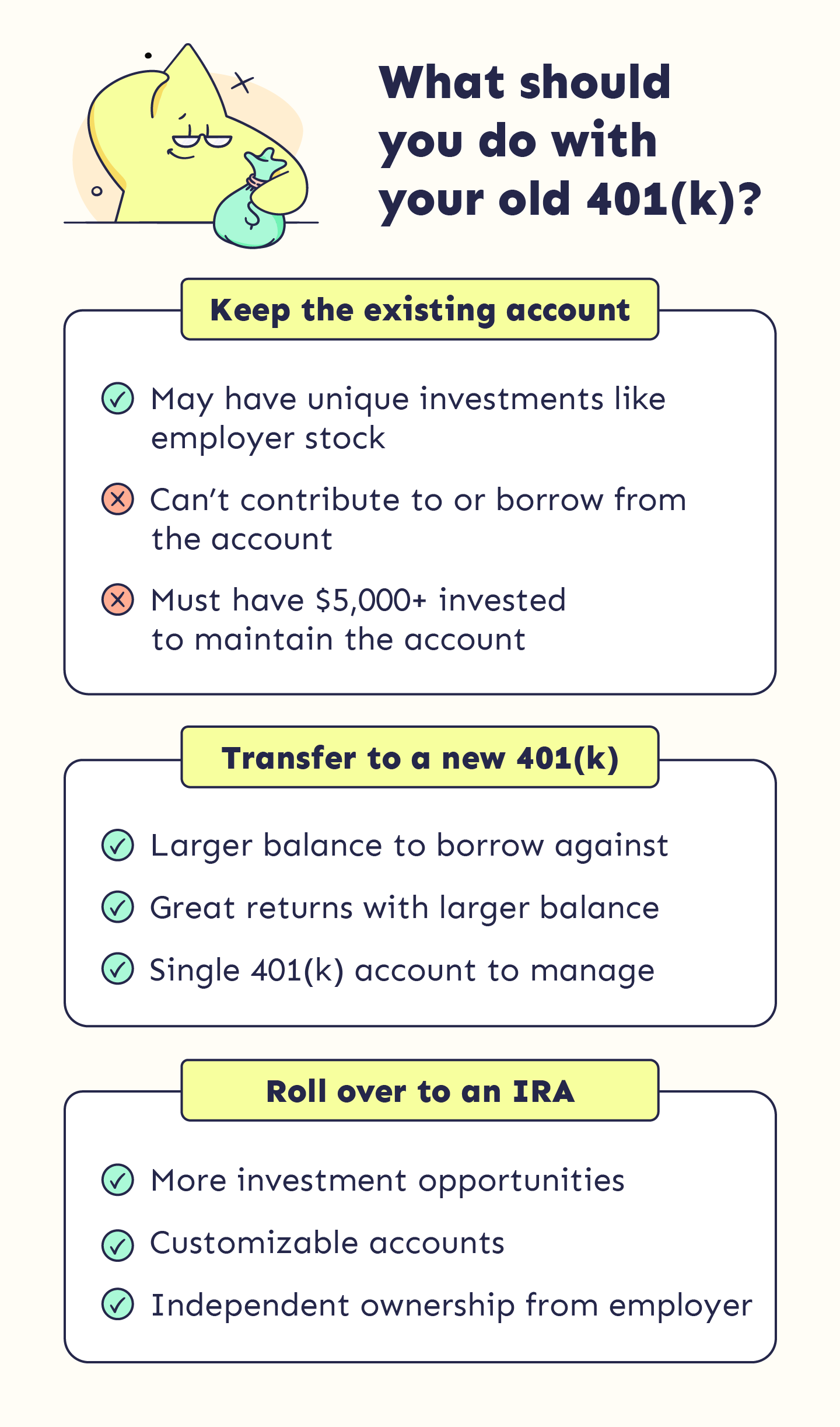 Image lists the pros and some cons of different 401k management options, including keeping the account, rolling it into a new 401k, and rolling into an IRA.