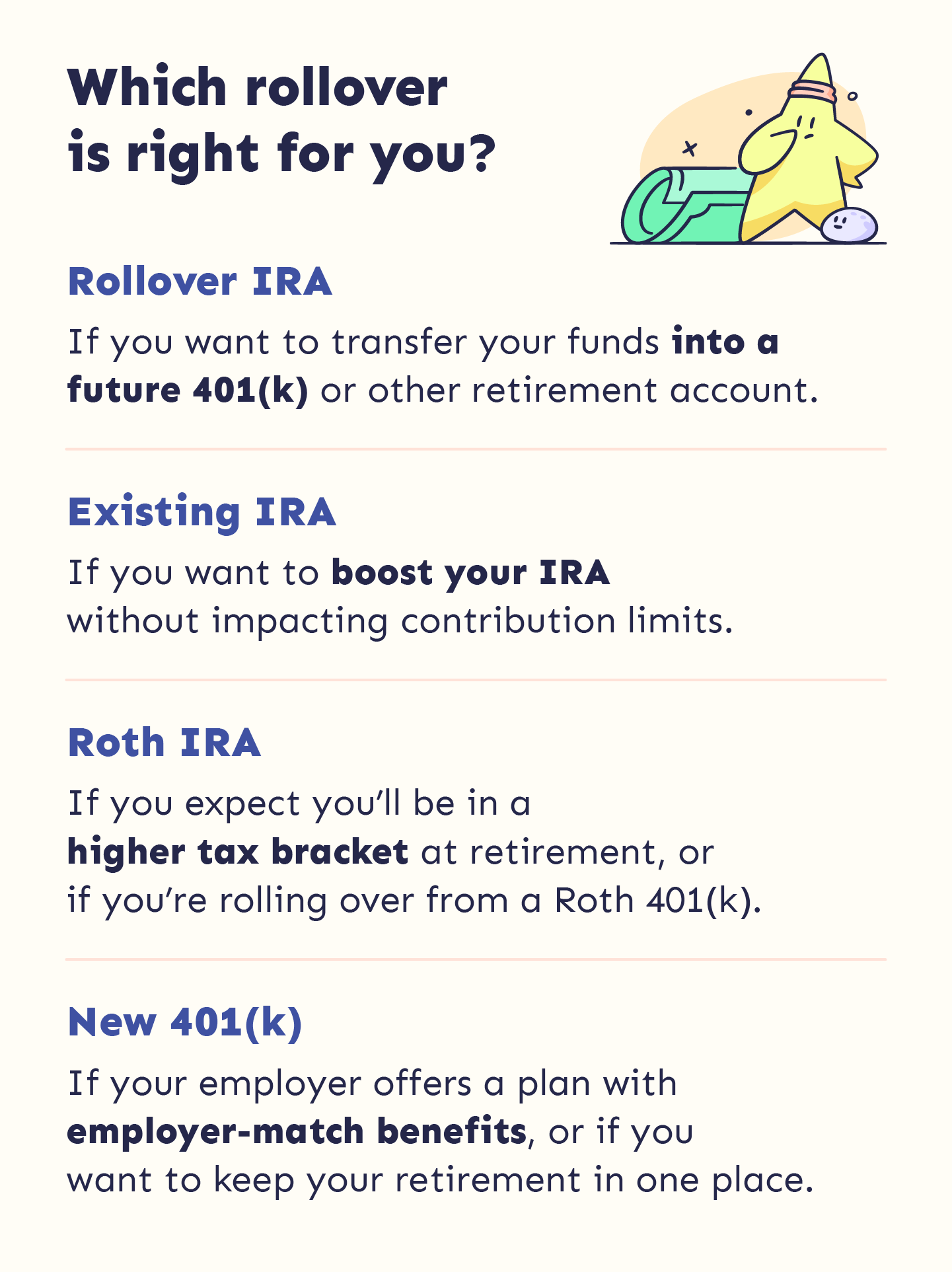 Image compares types of retirement accounts you can rollover to and when each is best.