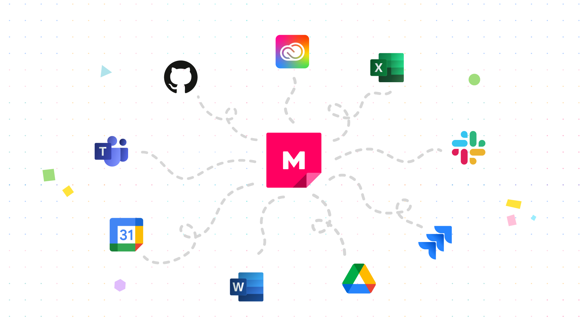 Mural Icon connecting to different company logos that the API integrates with such as GitHub, Adobe and Google Drive