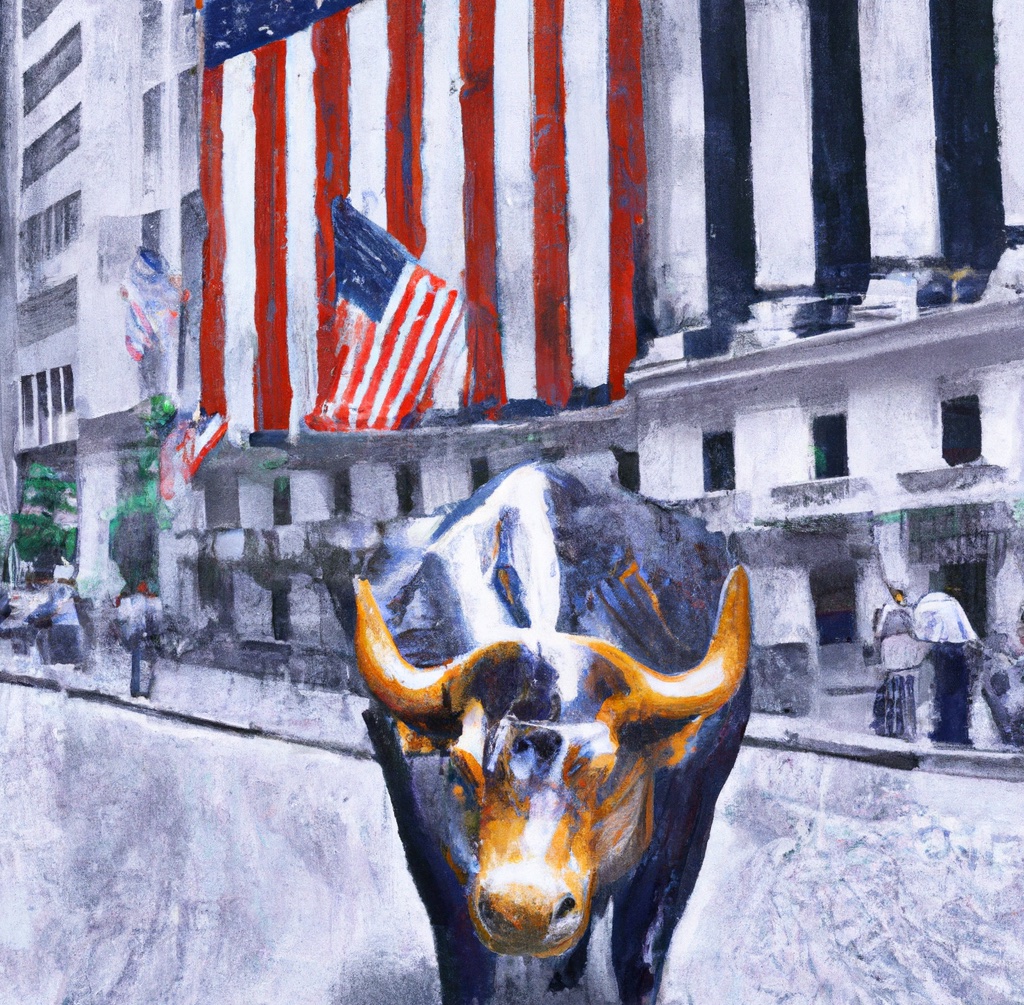 Wall Street stier met een Amerikaanse vlag als olieverfschilderij (gegenereerd door DALL-E)