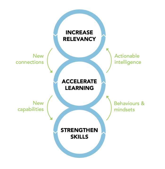 Diagram with the sections 'increase relevancy', 'accelerate learning' and 'strengthen skills'