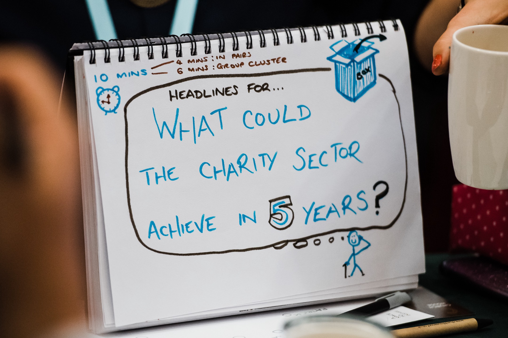 Notepad with handwritten text saying 'What could the charity sector achieve in five years?'