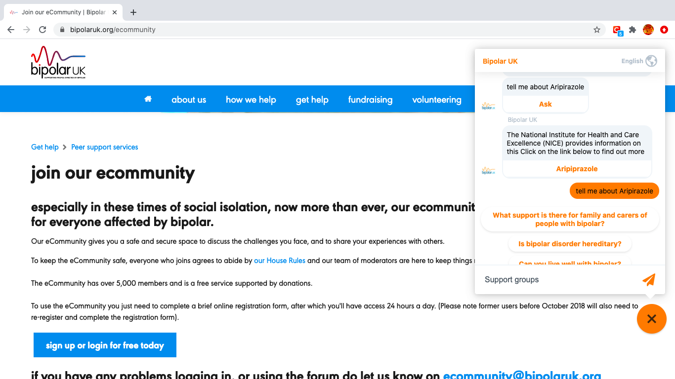 Screen grab showing the Bipolar UK chatbot in situ on the website