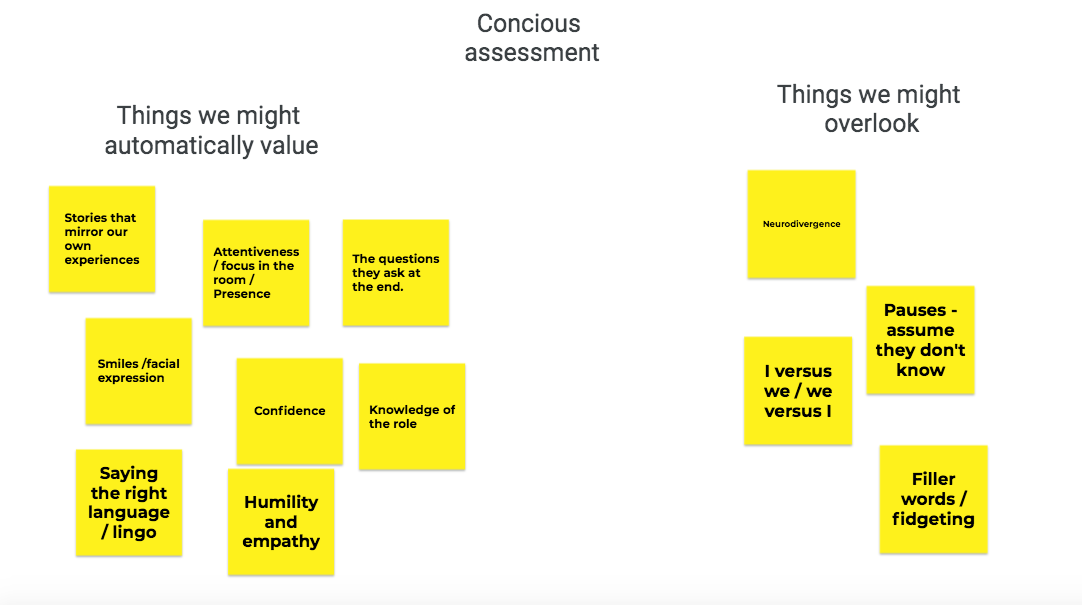 Screenshot showing what we were likely to be biased towards and against. Such as bias for stories that mirror our own experiences, and overlooking neurodivergence