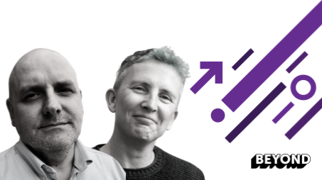 A man with no hair and a woman with short hair, next to some block shaped arrows and icons above the word 'Beyond'