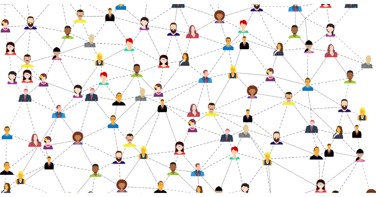 Lots of small illustrated icons of people's faces, interconnected with lines between them