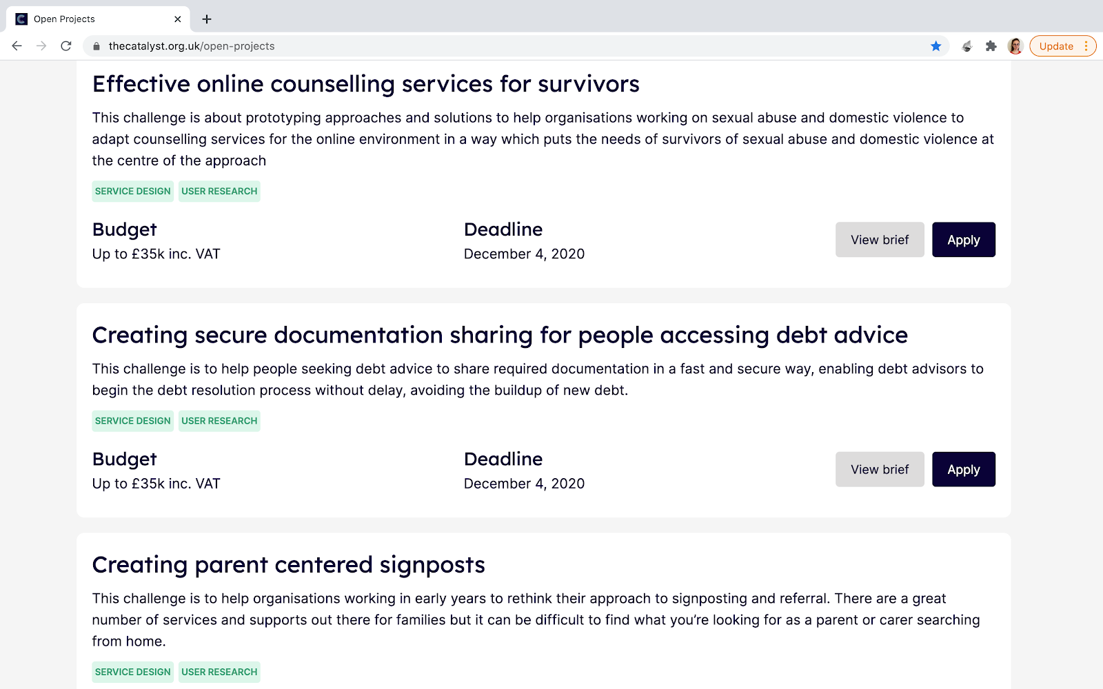 A screenshot of a page from the Open Projects website, showing three briefs, their budgets and their deadlines, each with an 'apply' button
