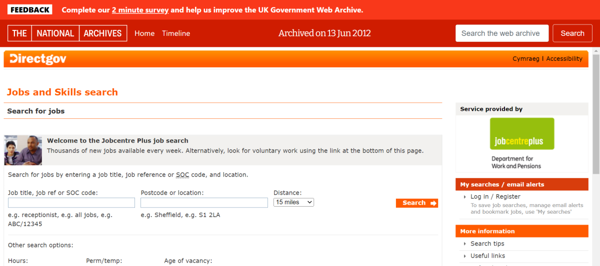 Screenshot of the 2012 government webpage for finding a job. The form boxes are small and there is a lot of distracting text that is saying the same thing.