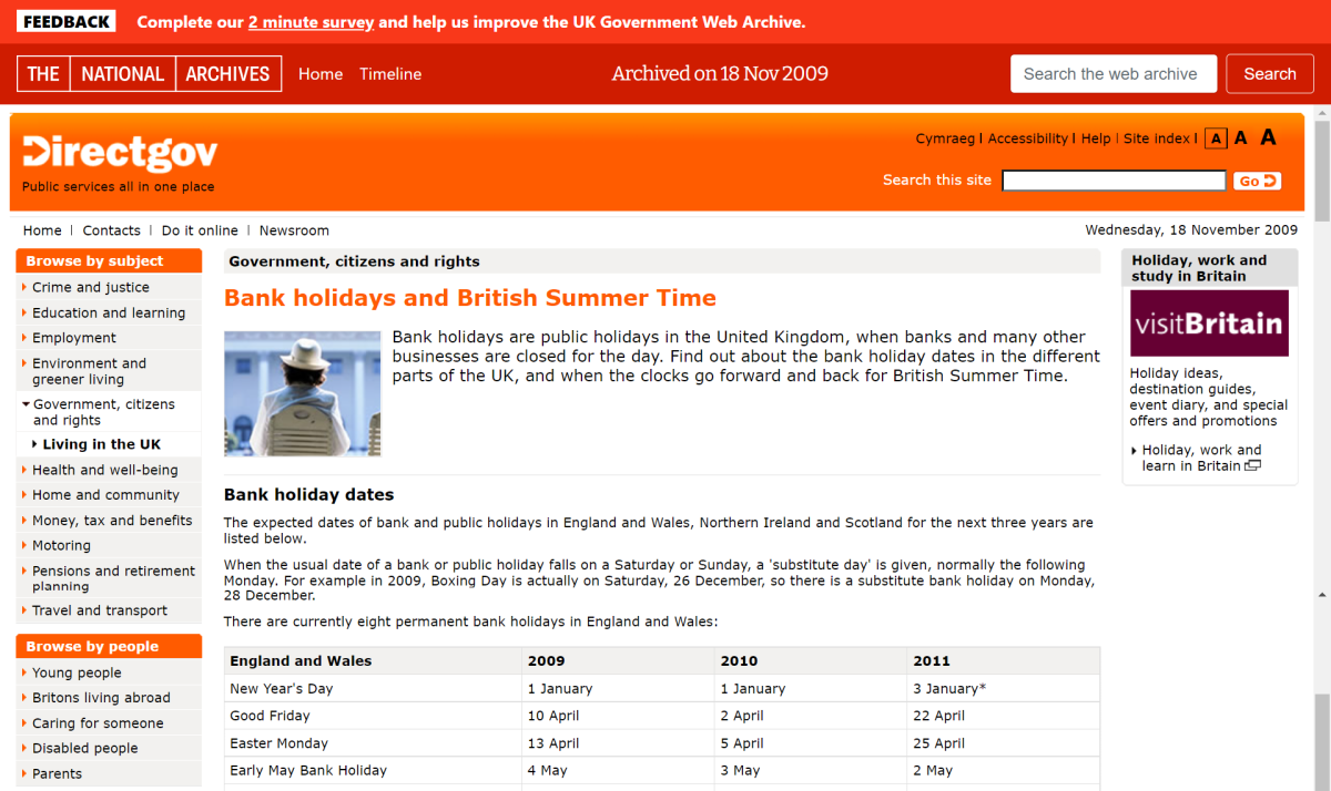 A screenshot of the 2009 government webpage for bank holidays. There is a lot of text and dates are arranged in a table.