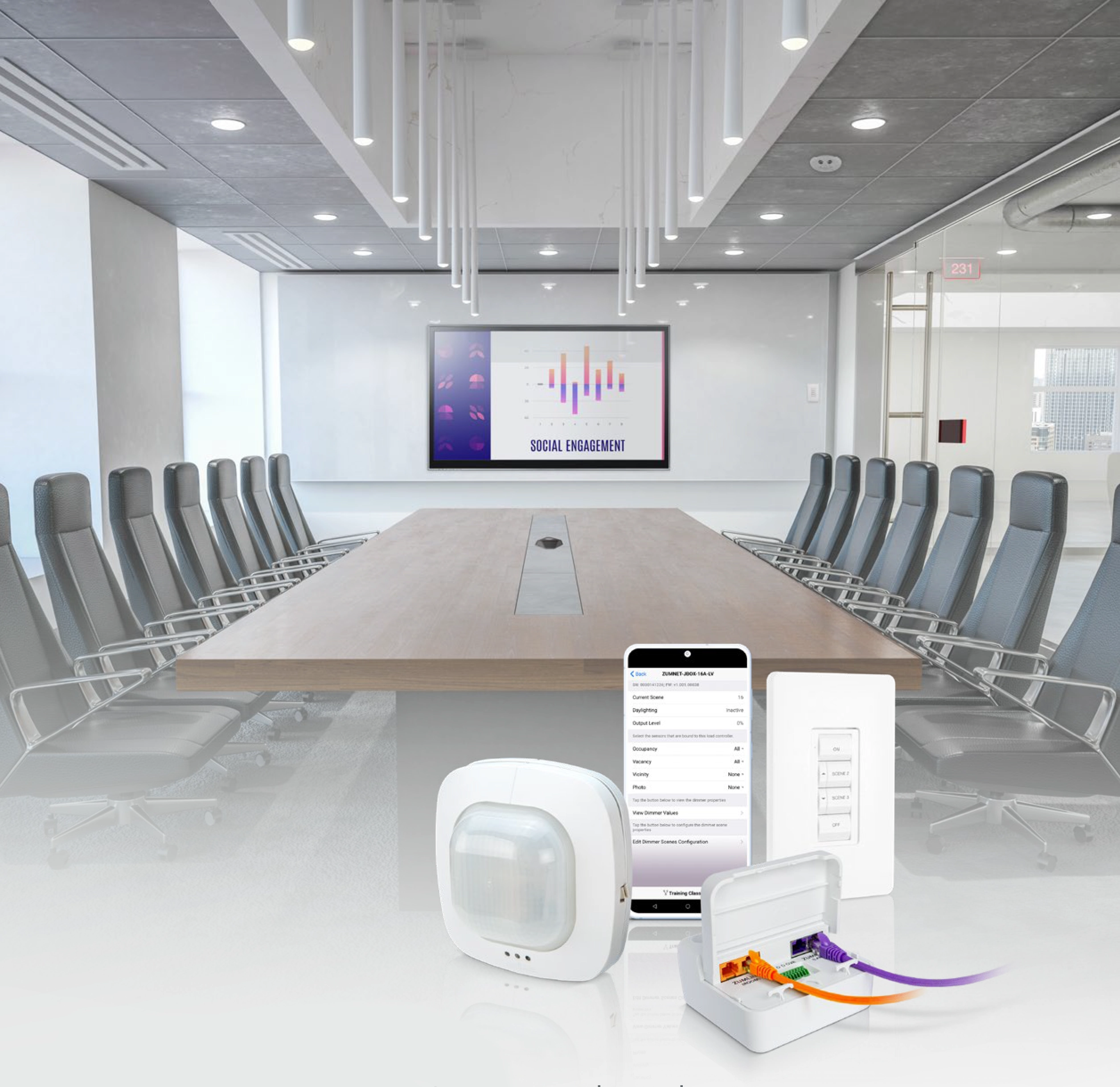 A conference room with Zum wired products in the foreground