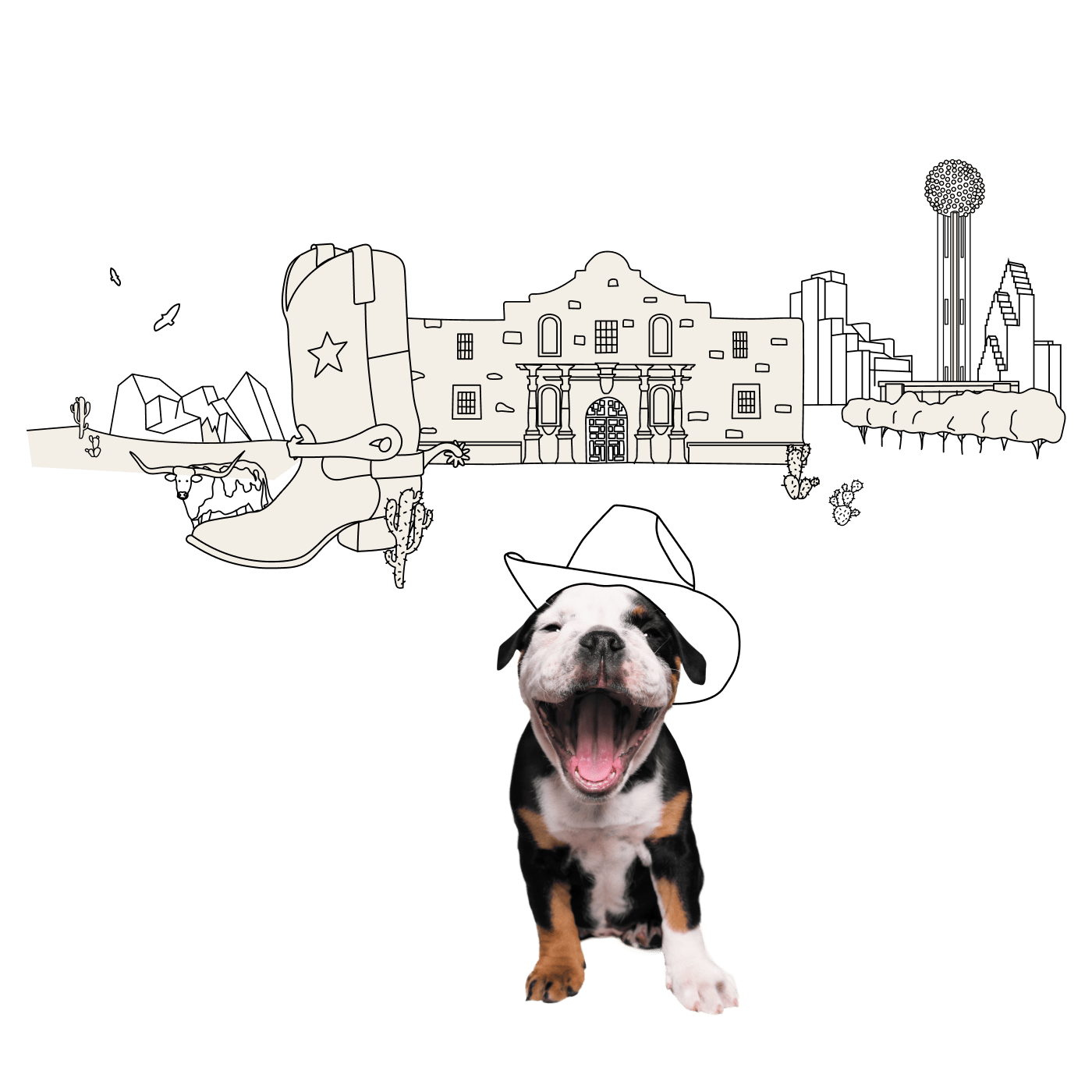 Dogs dressed as cowboy with architecture from Texas in the background.