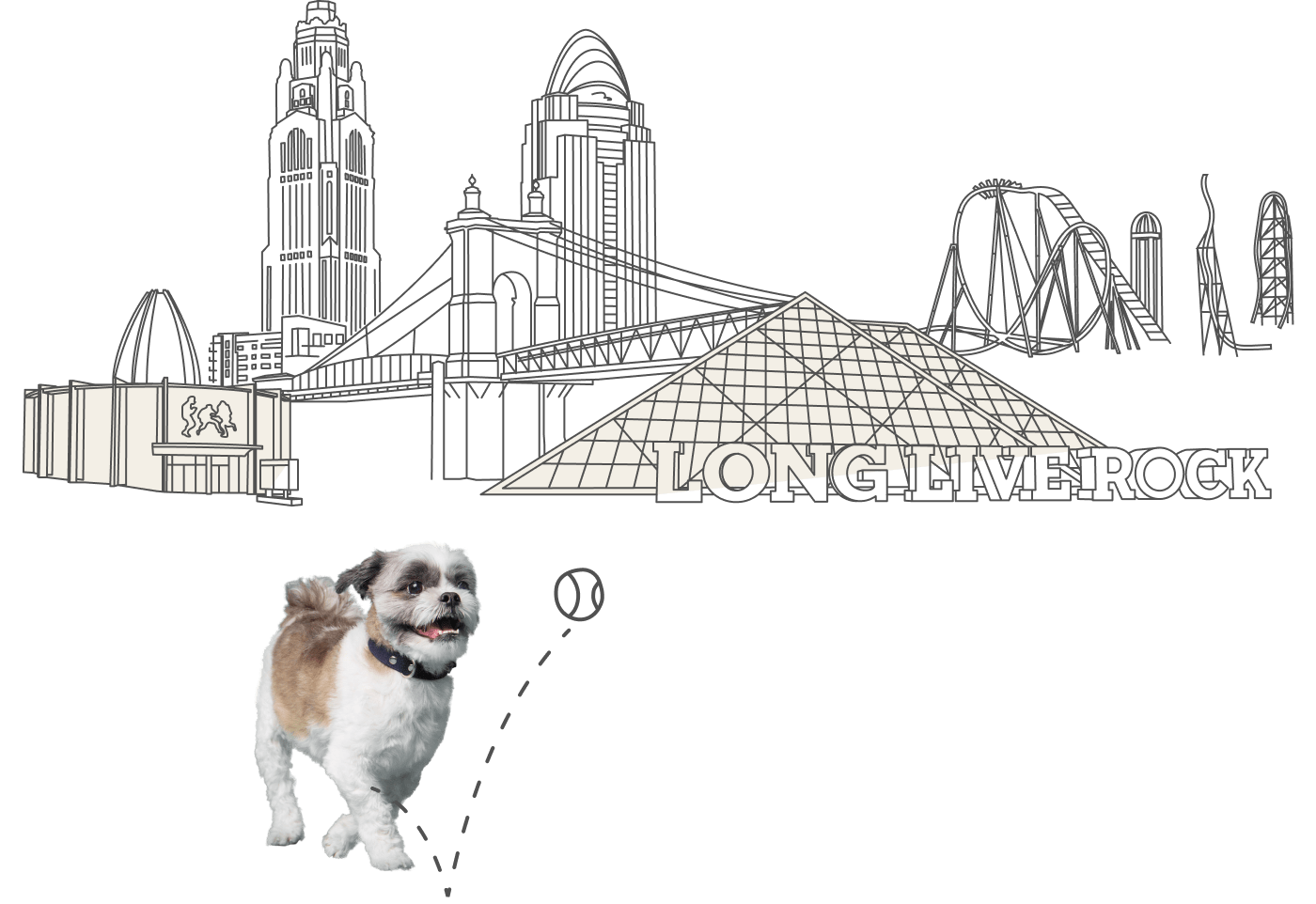 Dog playing fetch with architecture from Ohio in the background.