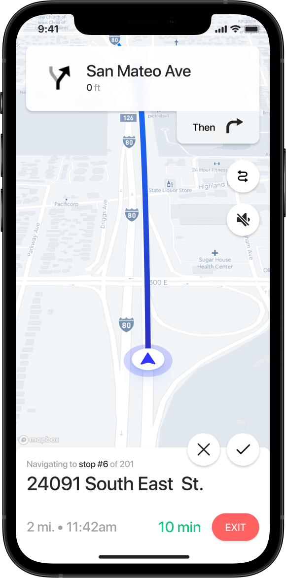 Straightaway mobile application running on an iPhone showing a detailed turn-by-turn guidance.