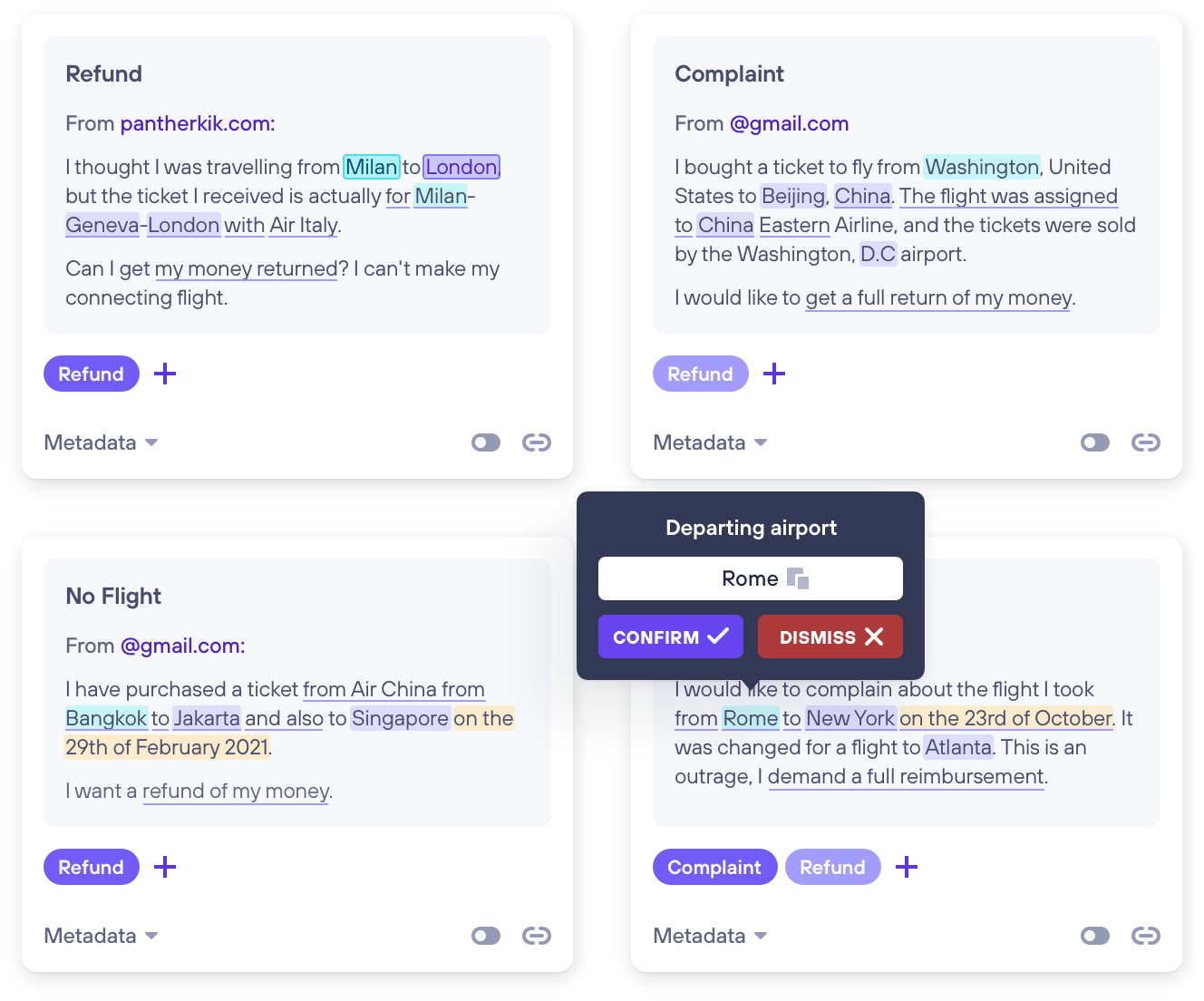 Example of clusters showing Re:infer reading and highlighting conversational data