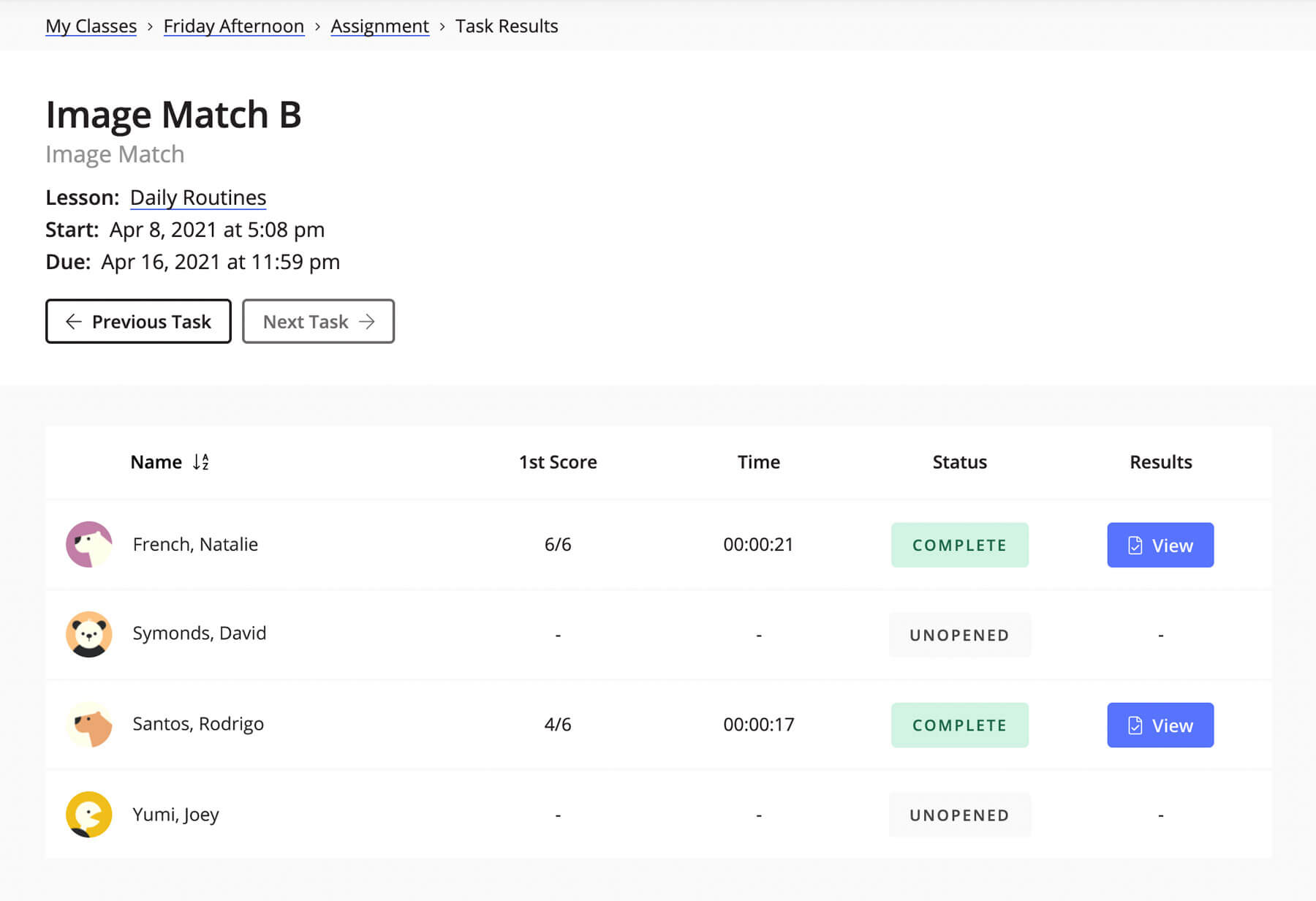 A screenshot of results for an Image Matching task for a class, displaying student scores and completion statuses.