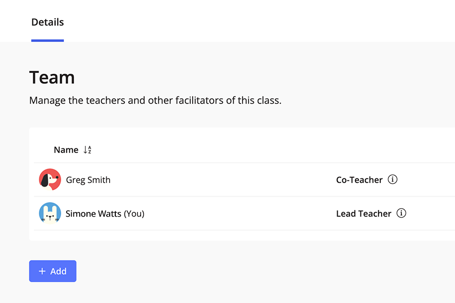 Team tab on a classroom page displaying the Lead Teacher and a Co-Teacher accounts