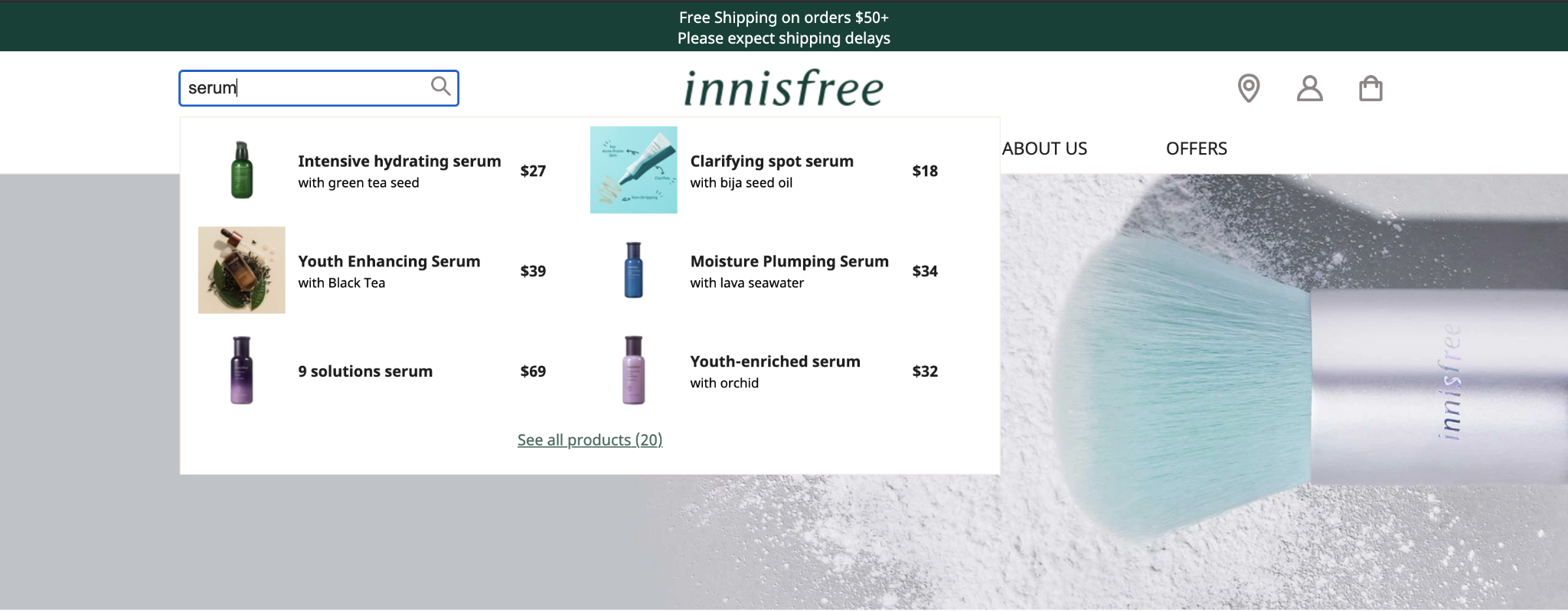 Example of search product recommendations by Innisfree