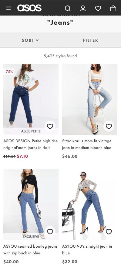 Example of mobile search page by ASOS