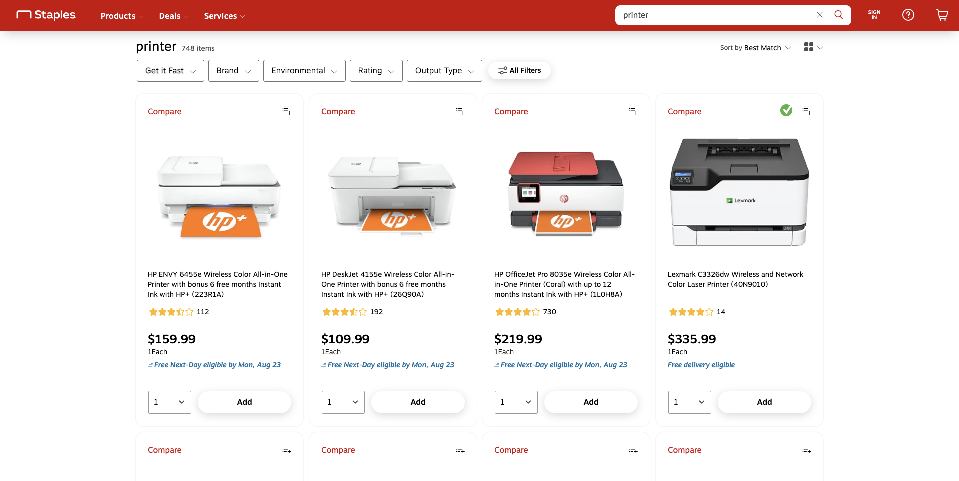 Example of search results with CTA by Staples