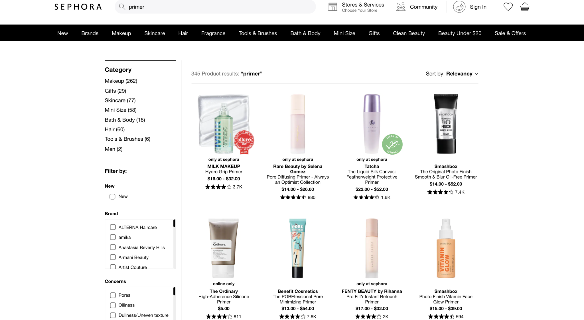 Example of customer ratings on site search page by Sephora