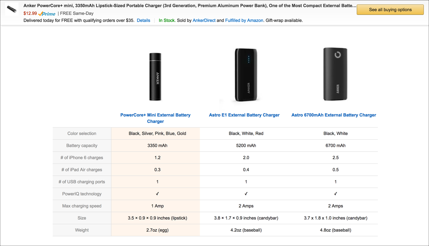 Example of a comparison table on a search results page