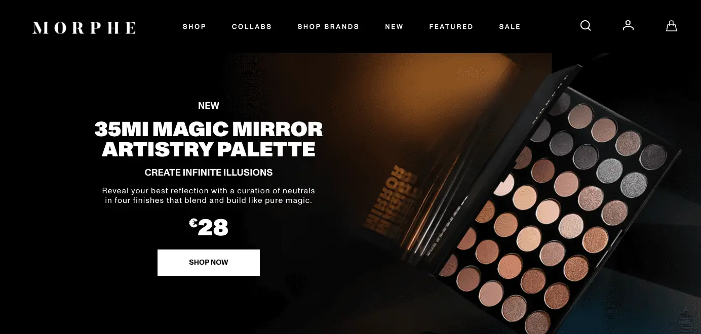 Morphe Cosmetics features copy over the hero header image in a distinct yet uninterfering way