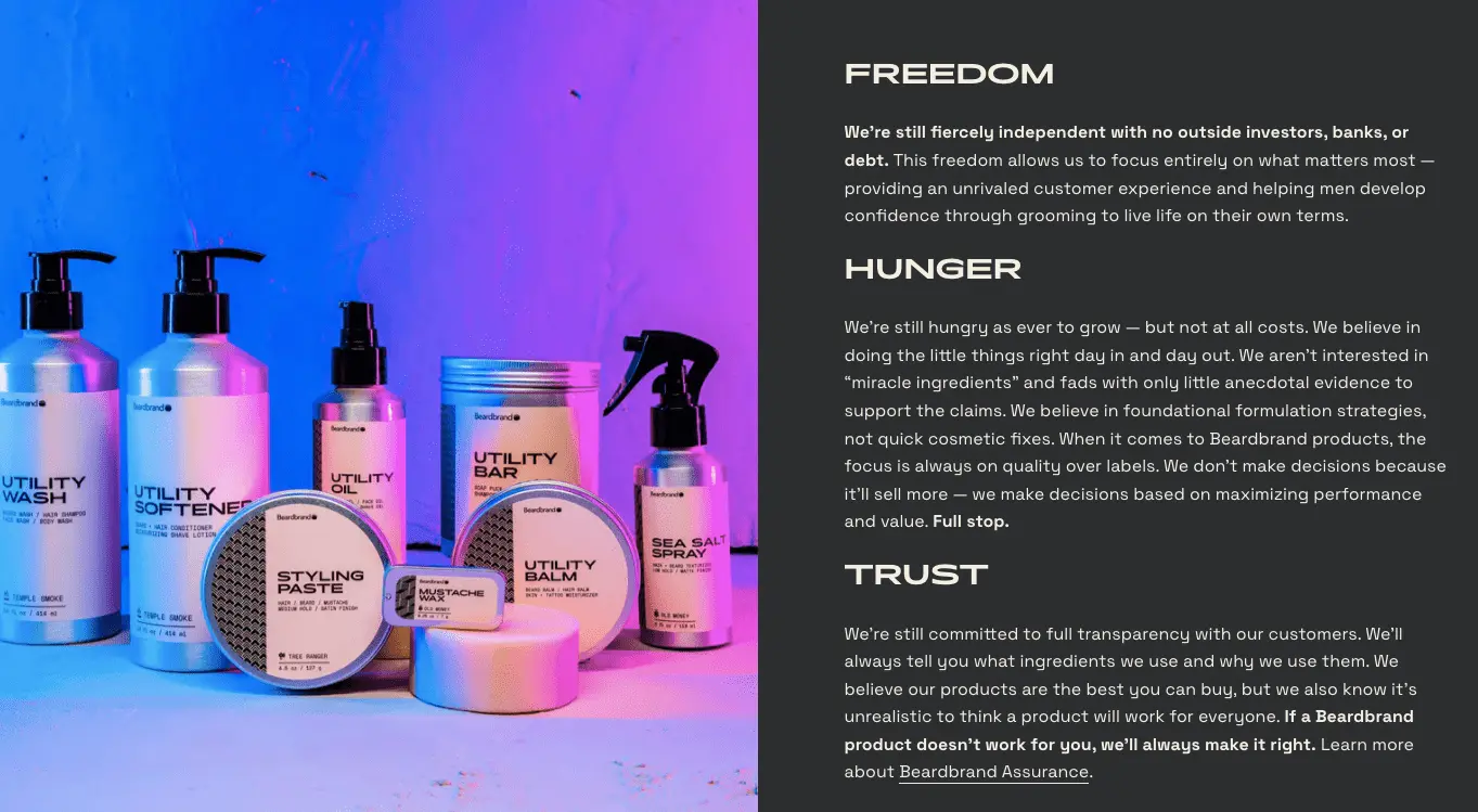 beardbrand features copy on their homepage that informs shoppers about the brand's values and beliefs