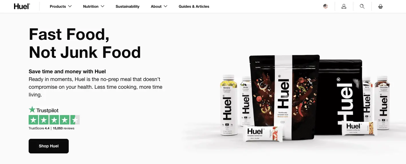 Huel showcases a trustpilot badge on their homepage header space