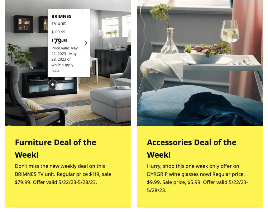 Ikea brings attention to their categories by featuring deals of the week