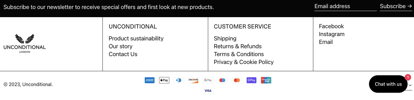 Unconditional features a number of popular payment methods below their footer section