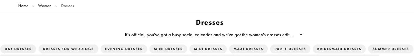 ASOS highlights sub-categories through clickable buttons