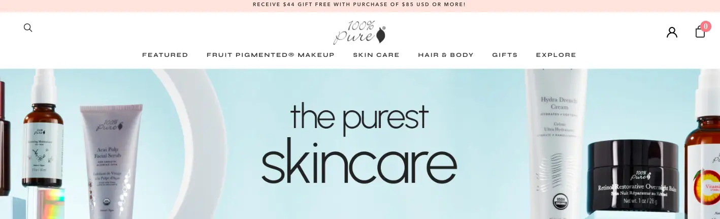 100% pure highlights the quality of products through their category page banner