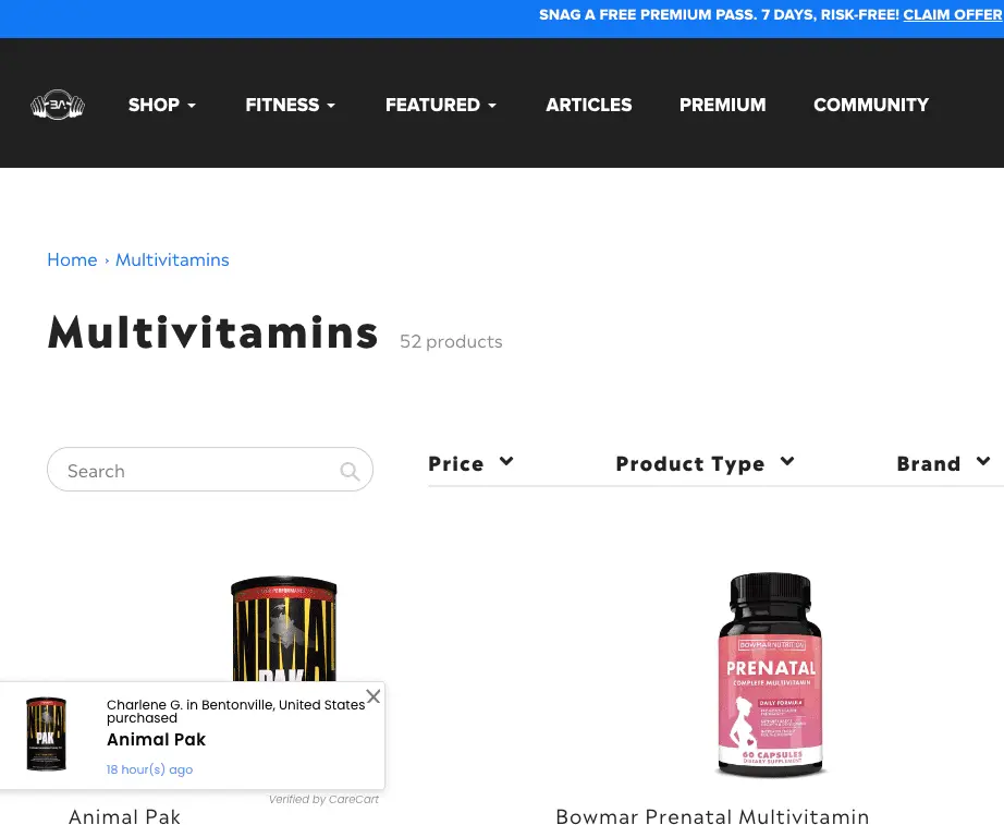 Built Athletics features "customer X from Y brought product Z" prompts on their category pages