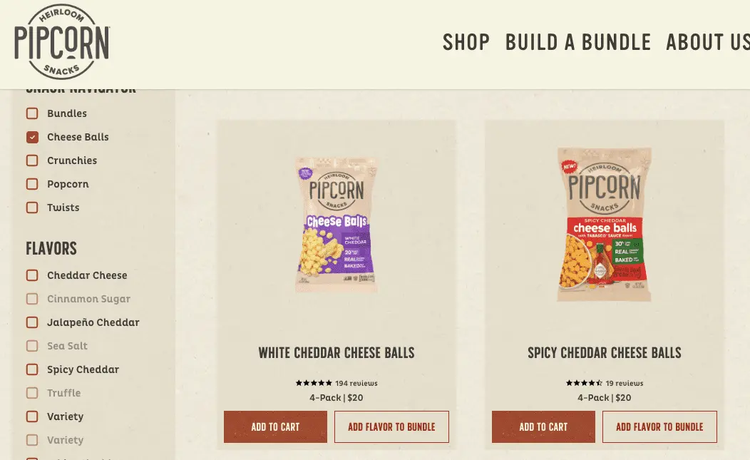 Pipcorn features a secondary CTA that lets shoppers add that product to their bundle