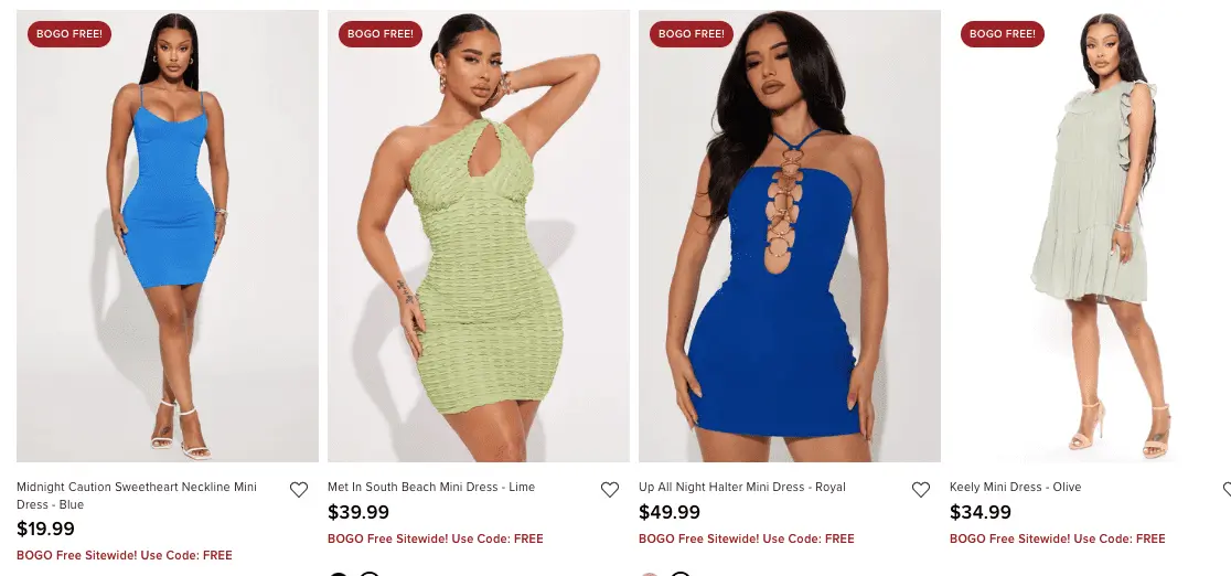 fashion nova highlights their bogo free offers on category pages