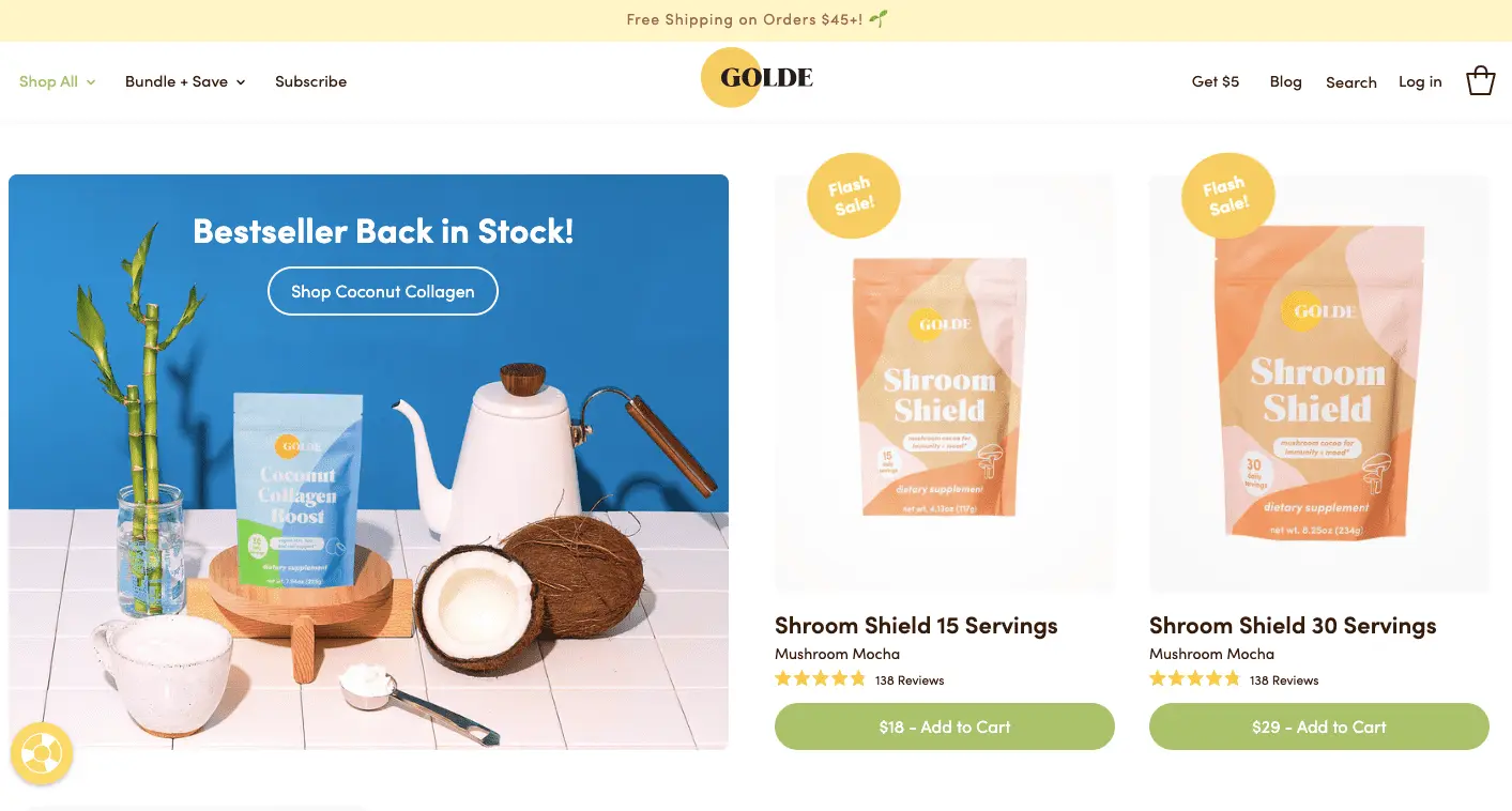 Golde features a flash sale label for select products on their category pages