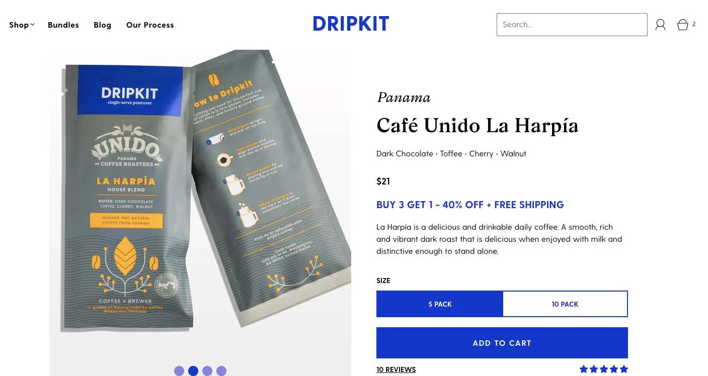 Dripkit features short prodct descriptions on their product pages