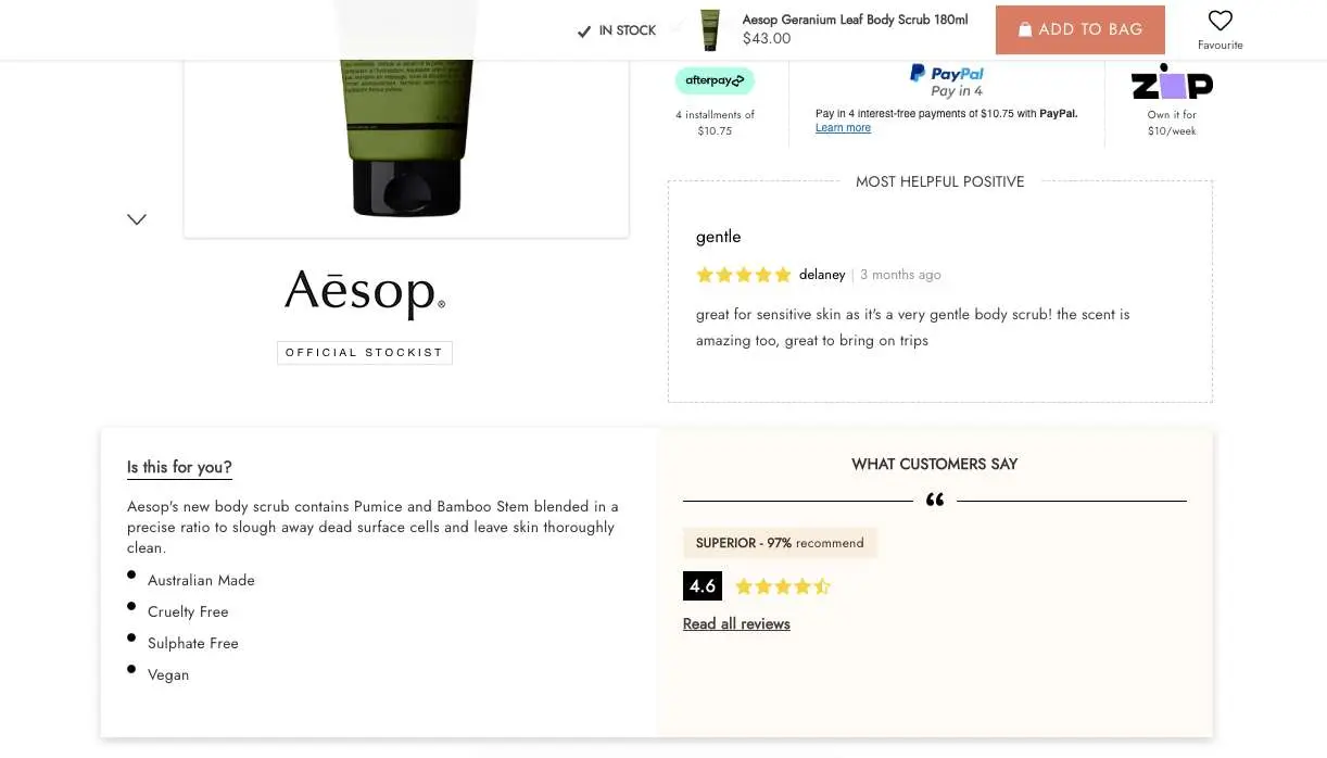 adore beauty highlights the most positive review for a product on that product page