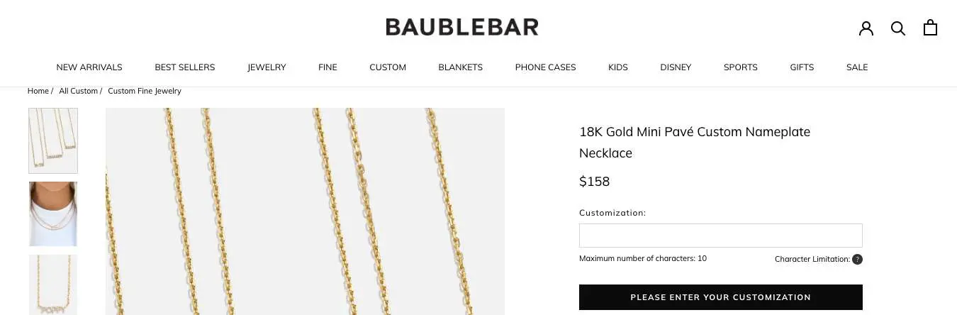 baublebar features a separate field to let shoppers key in their name customization