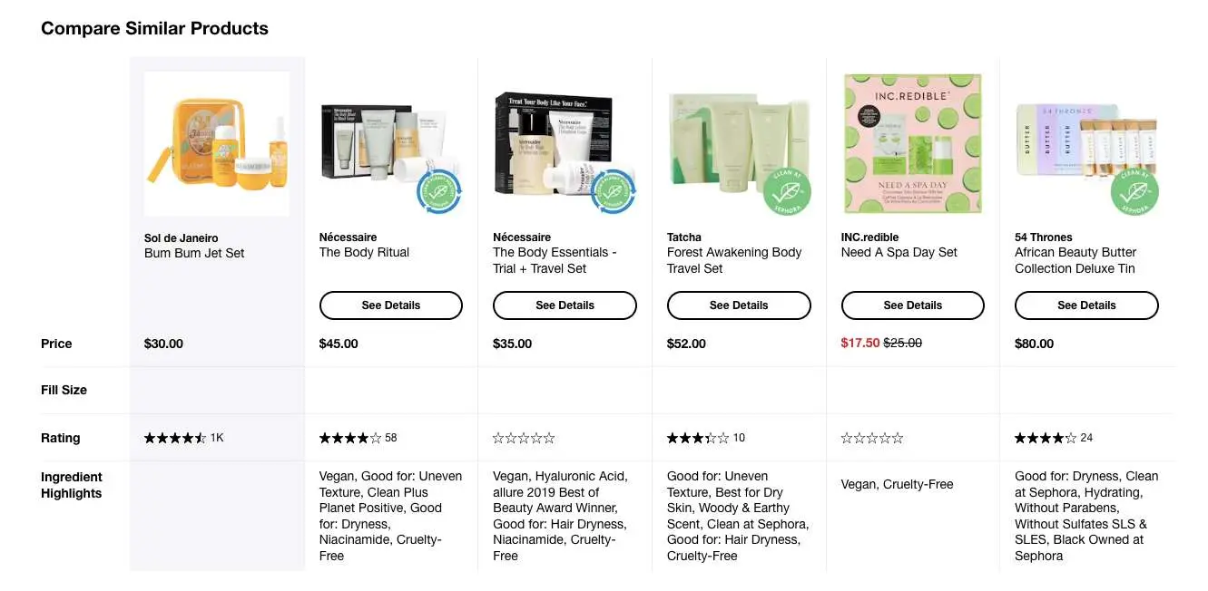 Sephora lets shoppers compare multiple products of the same kind