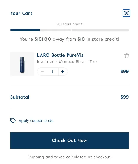 larq features a store credit threshold progress bar in the mini cart