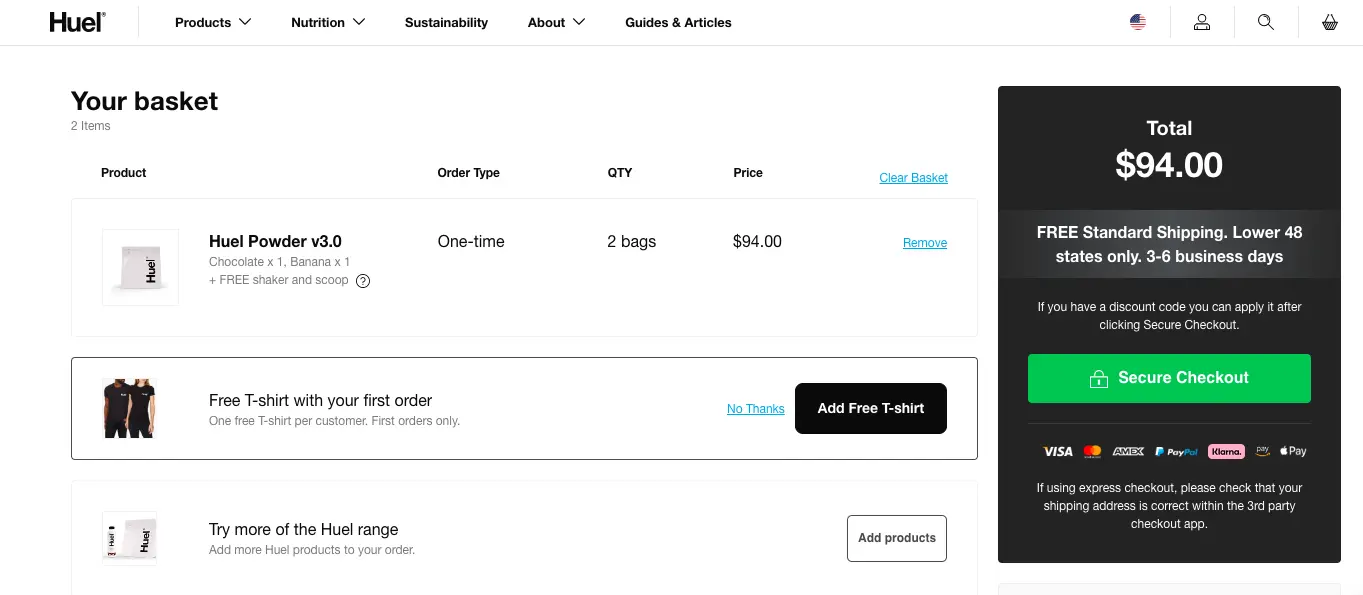 huel features the words secure checkout on the primary cta in the cart page