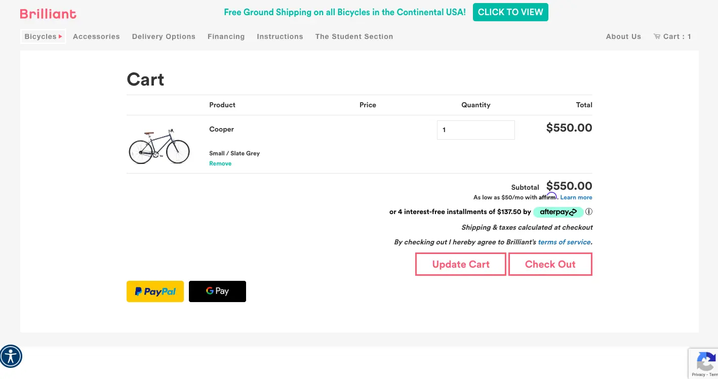 brilliant offers express checkout options in their cart page